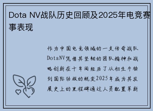 Dota NV战队历史回顾及2025年电竞赛事表现